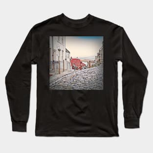 Whitby town cobbled streets and seaview Long Sleeve T-Shirt